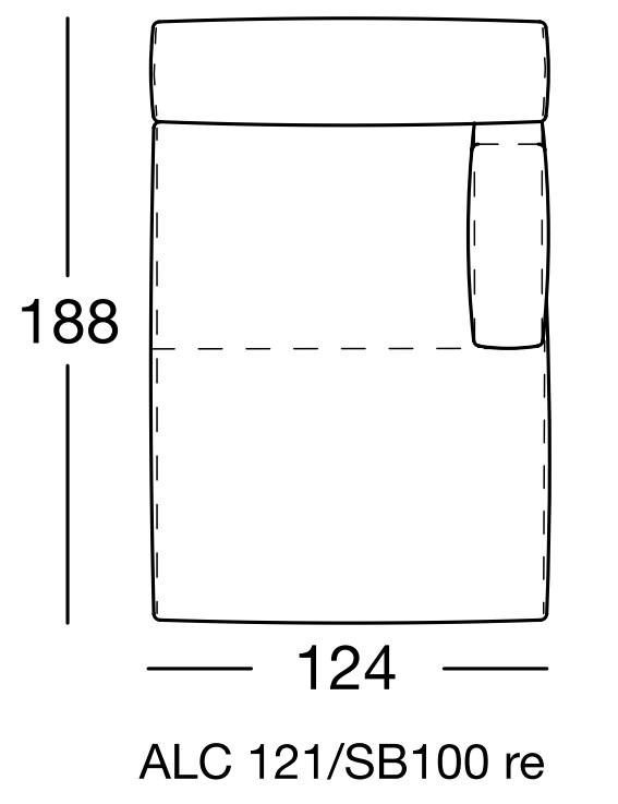 Maßzeichnung eines Sofaelementes mit Artikelbezeichnung vor weißem Hintergrund