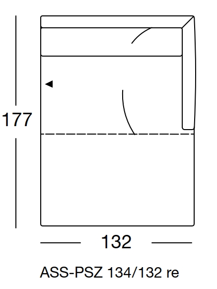 freistil Rolf Benz 134 - Abschlusssessel mit Polstersitz rechts | B: 132 cm | ASS-PSZ 134/132re Maßzeichnung eines Sofaelement vor weißem Hintergrund freistil Rolf Benz 134