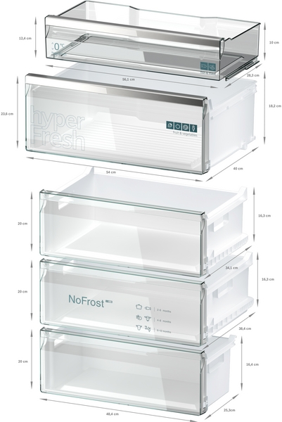 Verschiedene Größen von transparenten Kühl- und Gefrierschubladen mit Beschriftungen HyperFresh und NoFrost, ideal zur Organisation im Kühlschrank.