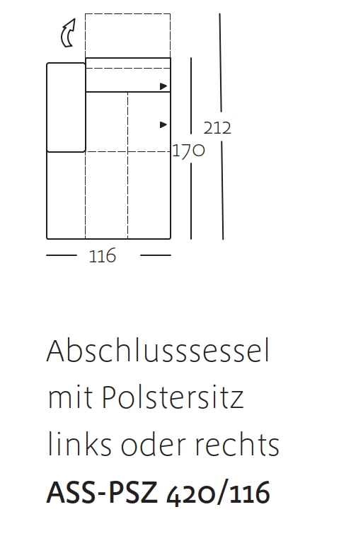 Technische Zeichnung eines Abschlusssessels mit Maßen 116 x 212 cm und Details zum Polstersitz.