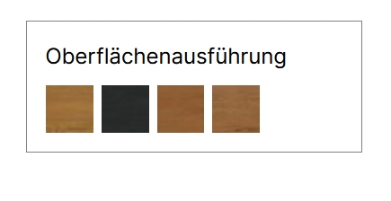 Oberflächenausführungen von vier holzfarben in tabellenform vor weißem hintergrund