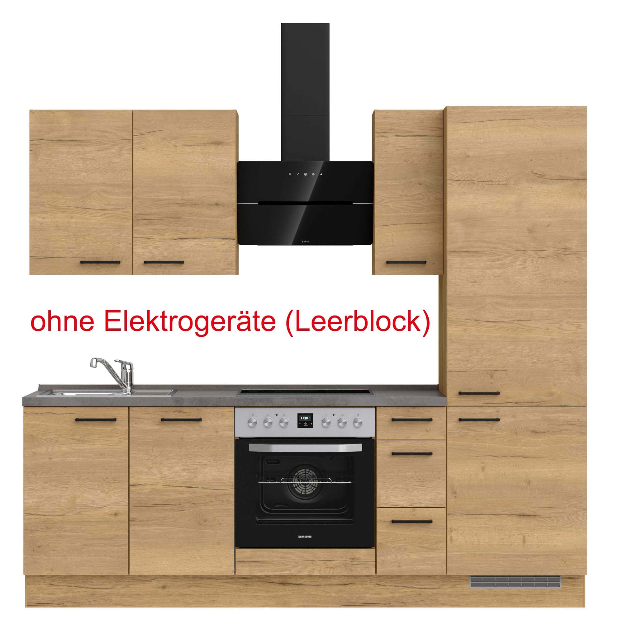 küchenzeile braun, grau mit Backofen, Herd, Dunstabzugshaube, Waschbecken, Armatur mit Hinweistext ohne Elektrogeräte (Leerblock) nobilia structura