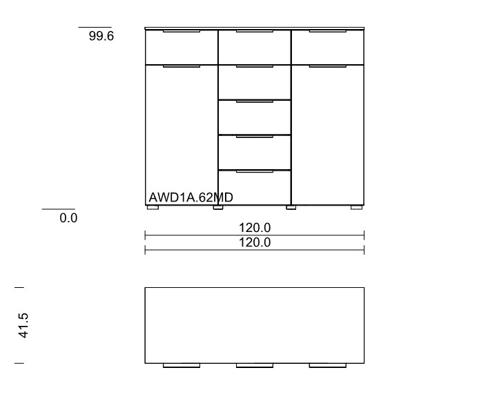 Maßzeichnung einer Kommode mit sieben Schubladen und zwei Türen vor weißem Hintergrund