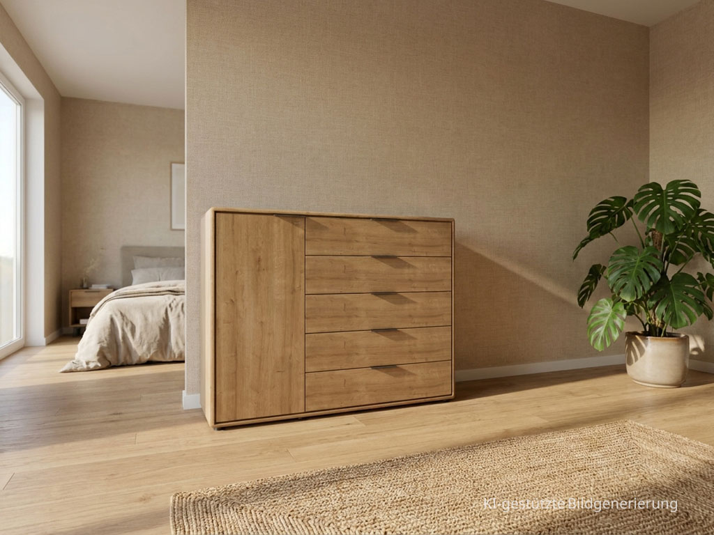 Moderne braune Kommode mit einer Tür und fünf Schubladen stilvoll dekoriert in einem modernen Zimmer, Bild KI generiert