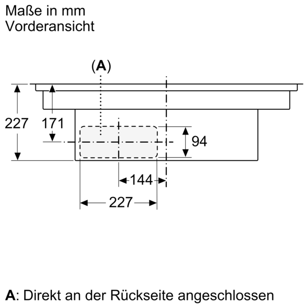 Abbildung zeigt eine technische Zeichnung mit Maßangaben in mm für die Vorderansicht eines Geräts. Es werden die Höhen und Breiten verschiedener Bereiche des Geräts dargestellt.