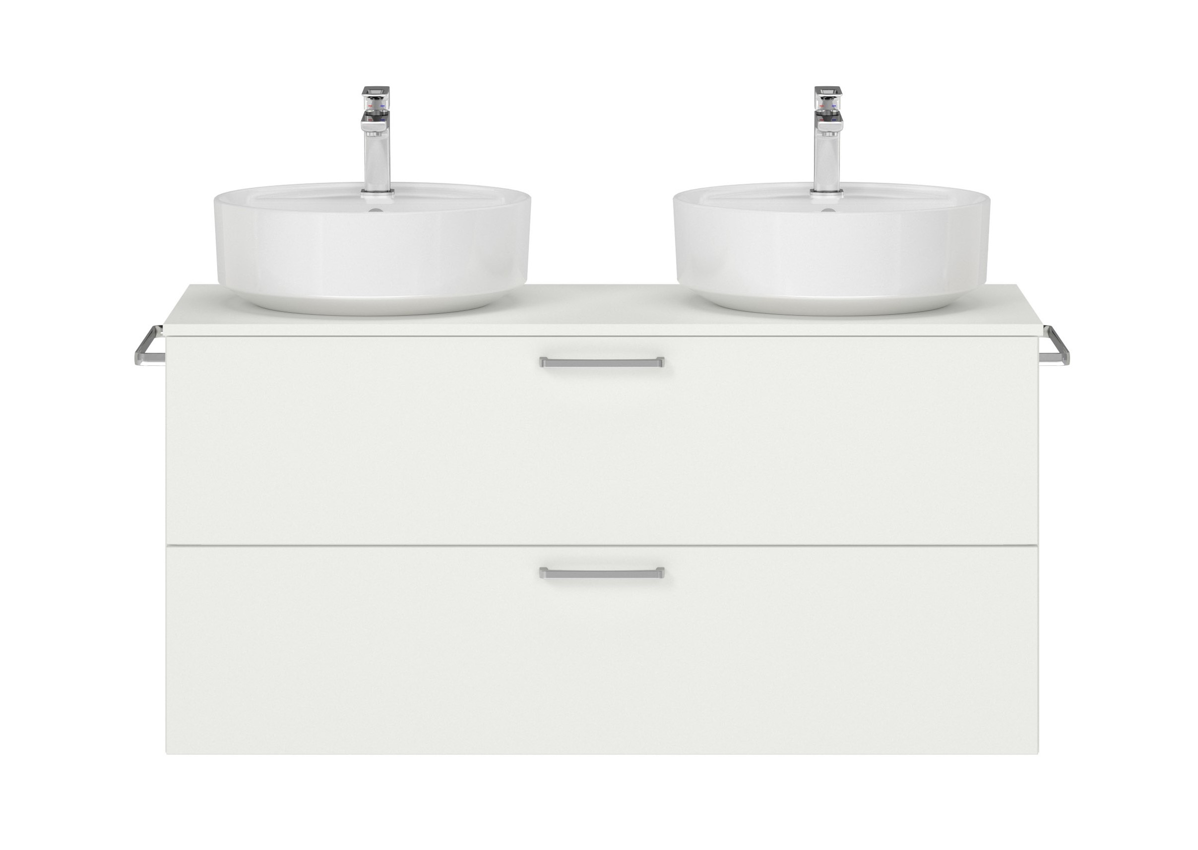 Badschrank weiß mit zwei Schubladen mit zwei runden Aufsatzwaschbecken Handtuchhaltern und Armatur nobilia