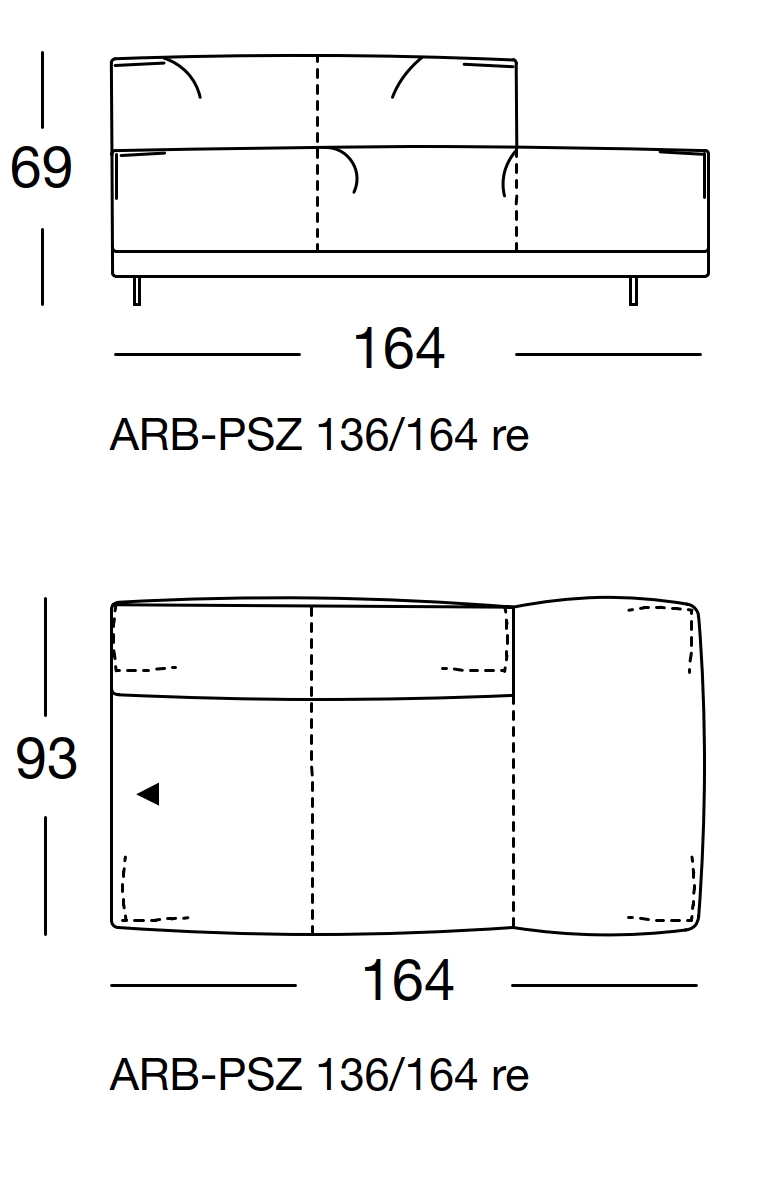 Maßzeichnung eines Sofaelements vor weißem Hintergrund freistil Rolf Benz 136