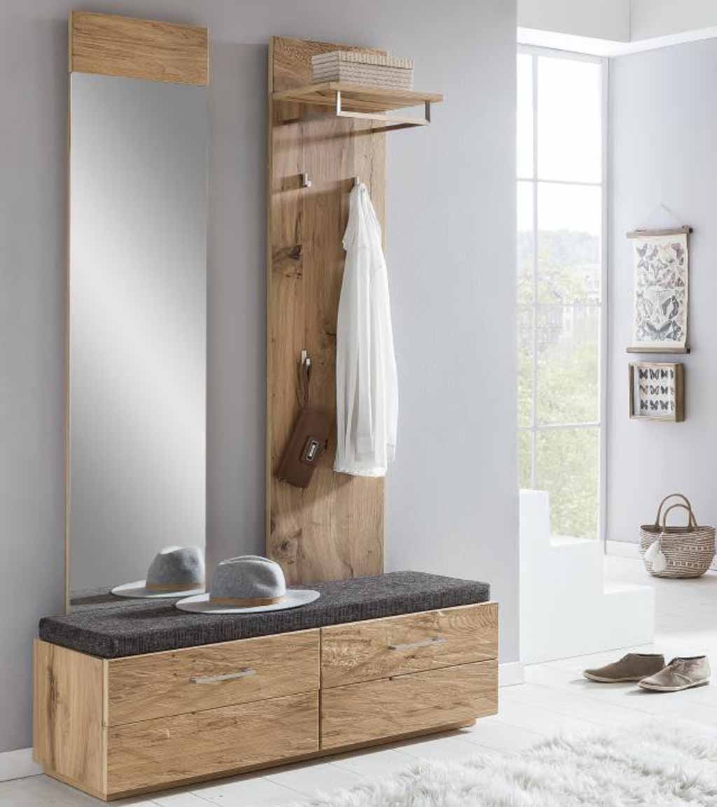 Garderobenmöbel aus Holz mit Spiegel, Sitzbank, Haken und Ablage, ideal für den Flur