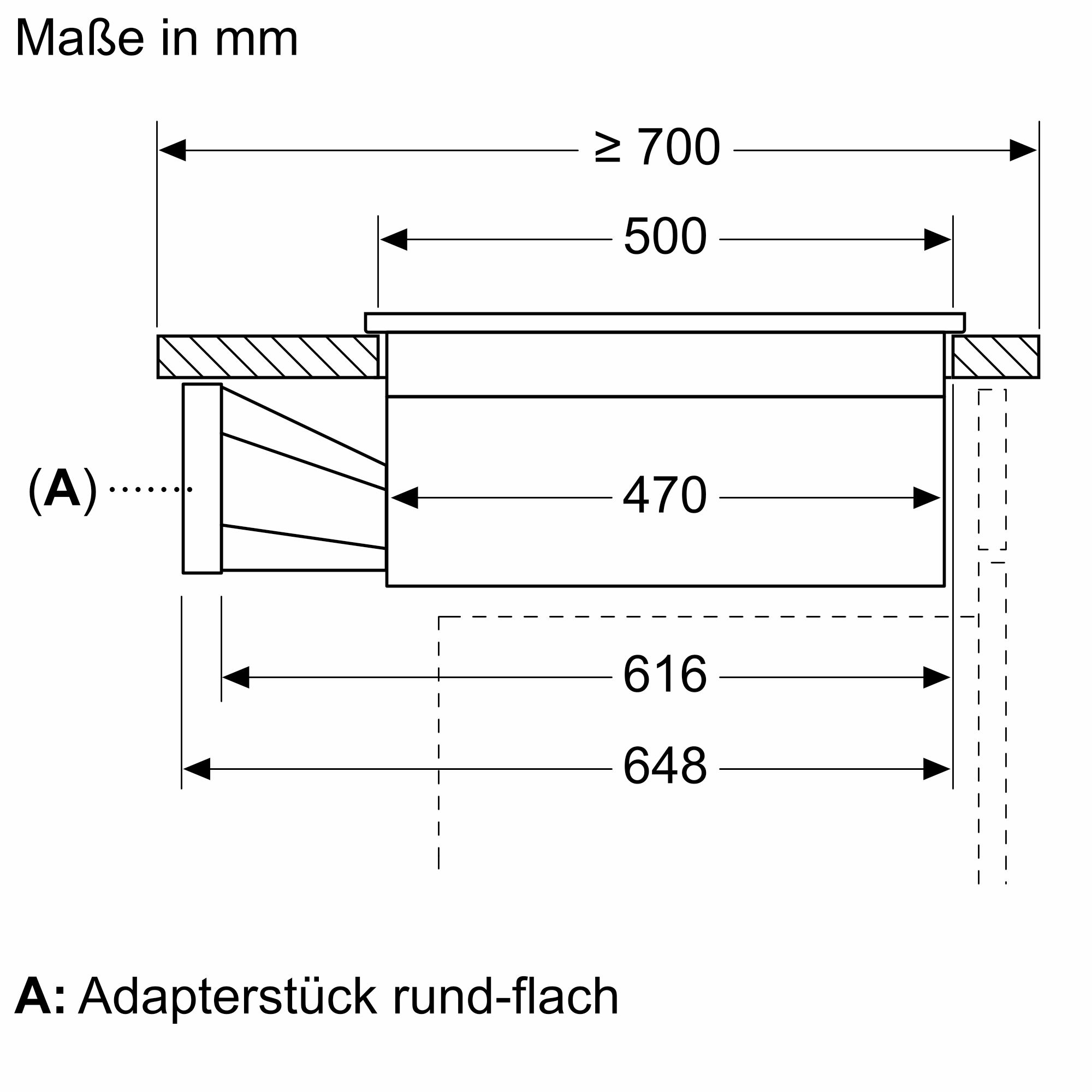 Detailansicht einer technischen Zeichnung, die die Maße eines runden zu flachen Adapterstücks in Millimetern zeigt.