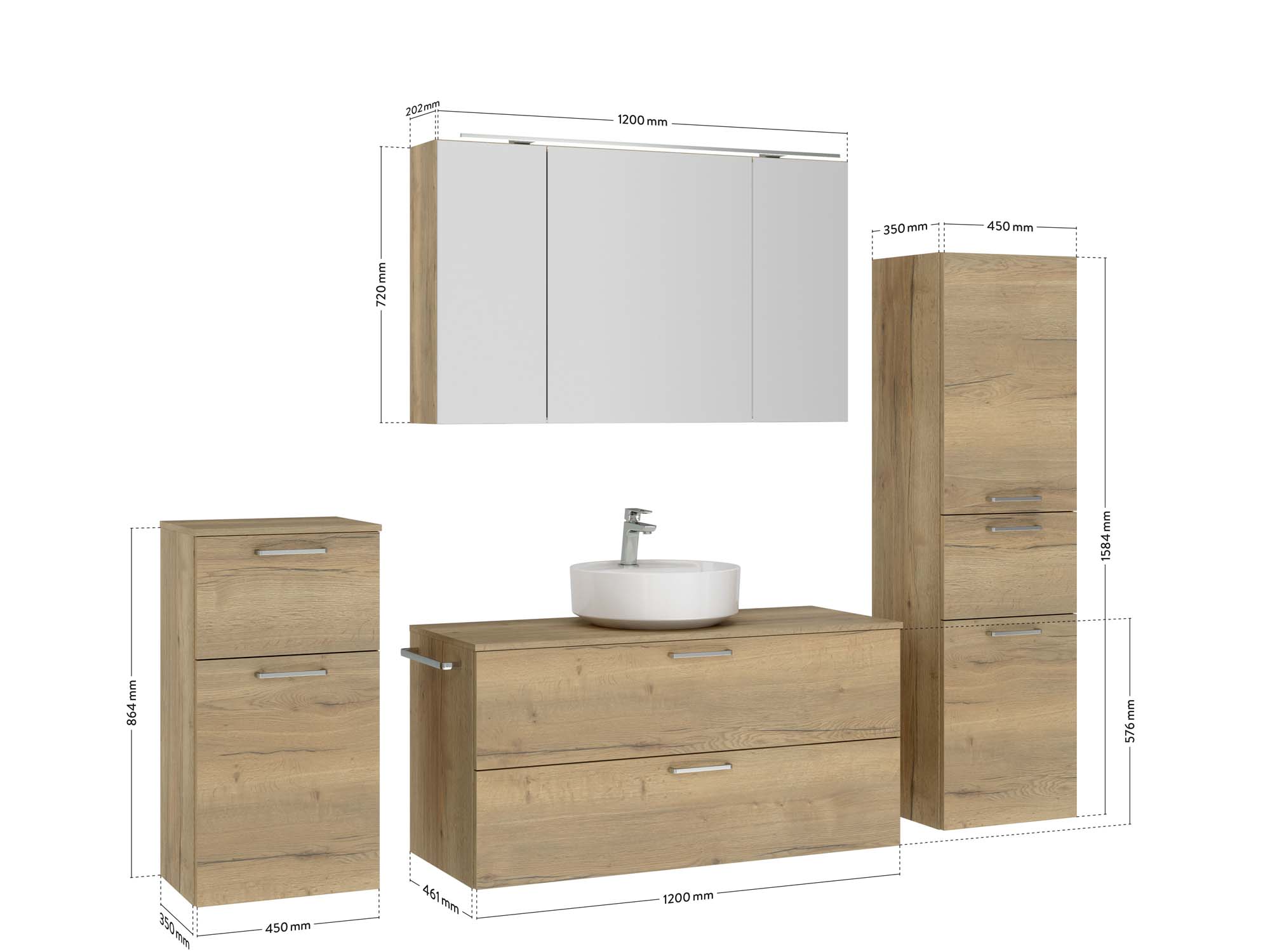 Badezimmermöbel-Set 3 Schränke braun mit Waschtisch und Spiegelschrank Maßzeichnung nobilia