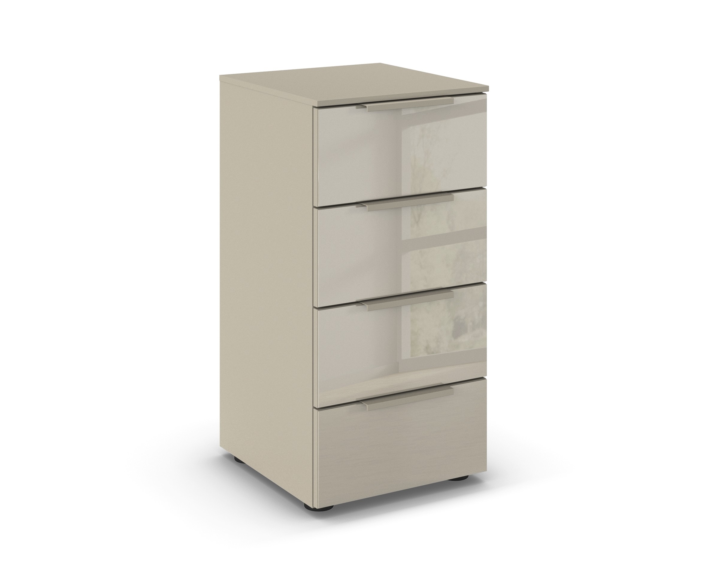 grauer Nachttisch mit vier Schubladen vor weißem Hintergrund