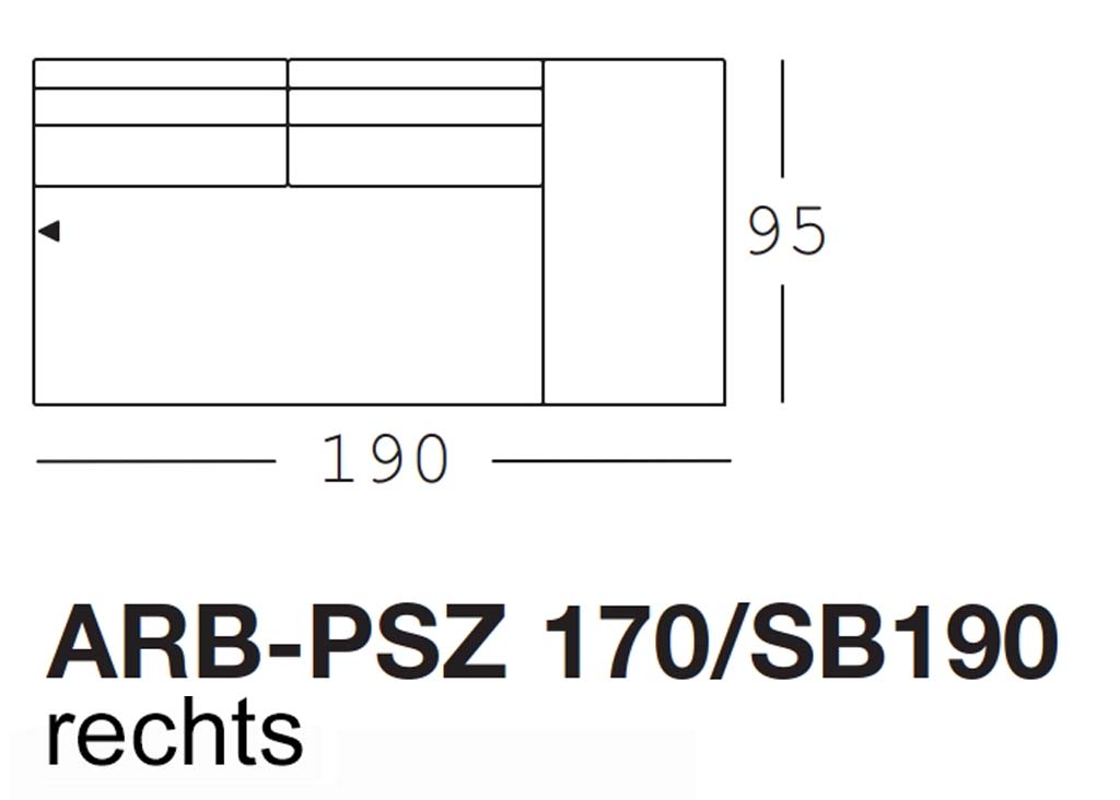 freistil Rolf Benz 170 - Anreihbank mit Polstersitz rechts | Sitzbreite: 190 cm | ARB-PSZ 170/SB190re Maßzeichnung eines Sofaelements vor weißem Hintergrund freistil Rolf Benz 170