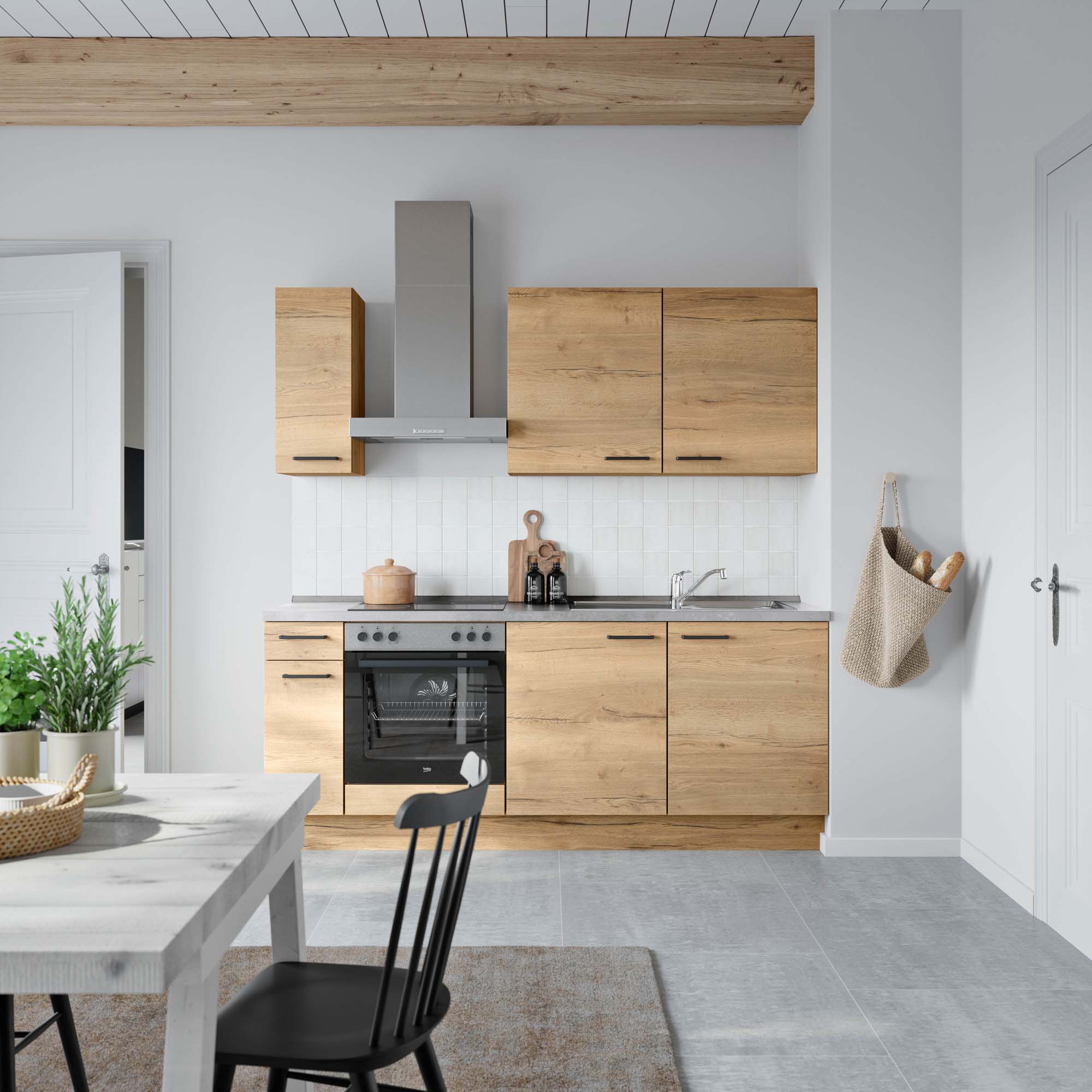 küchenzeile braun, grau mit Backofen, Herd, Dunstabzugshaube, Waschbecken, Armatur nobilia structura