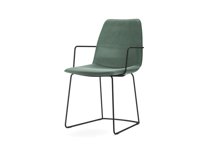 freistil Rolf Benz 117 - Stuhl mit Armteil | Metallgestell und Sitzpolster Moderner Stuhl mit grünem Polstersitz und Rückenlehne, schwarzem Metallgestell und Armlehnen