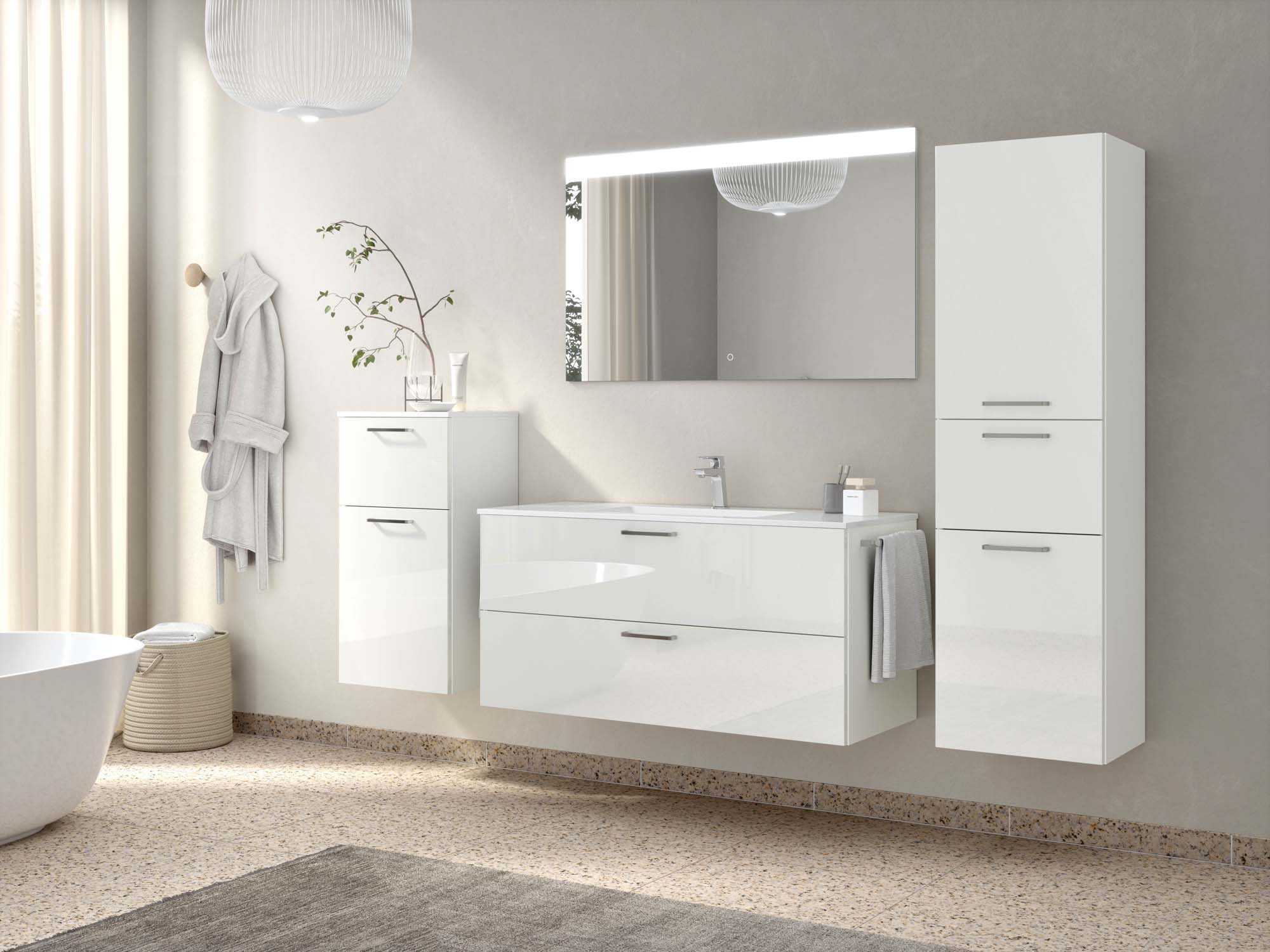 Badezimmermöbel-Set 3 Schränke weiß mit Waschtisch und Spiegel nobilia 