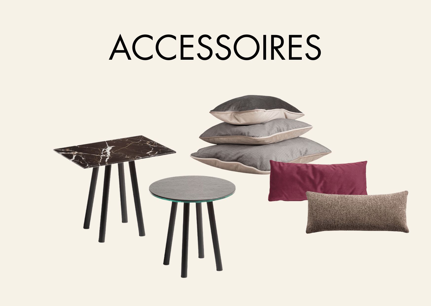 Beistelltische und Dekokissen in unterschiedlichen Farben