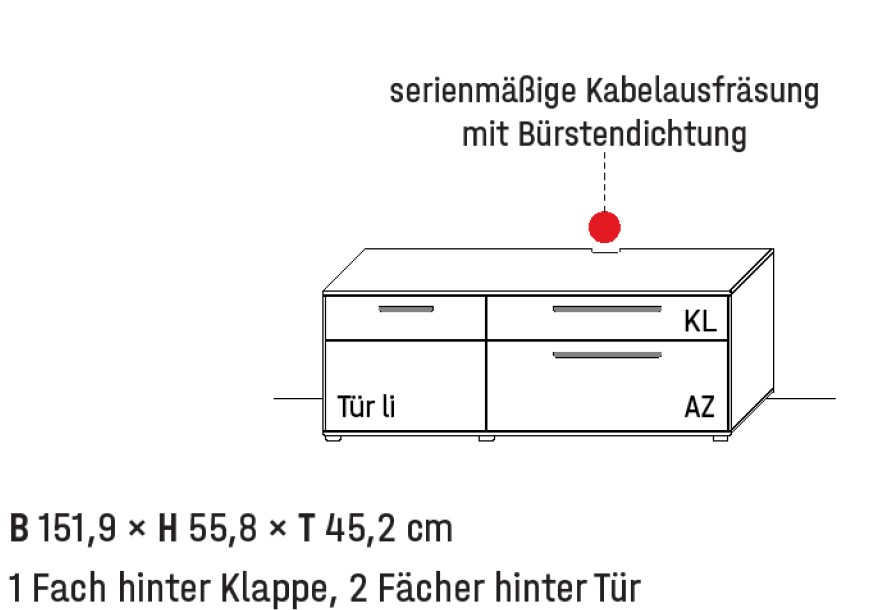 Illustration eines Lowboards mit Maßangabe und Bezeichnung vor weißem Hintergrund