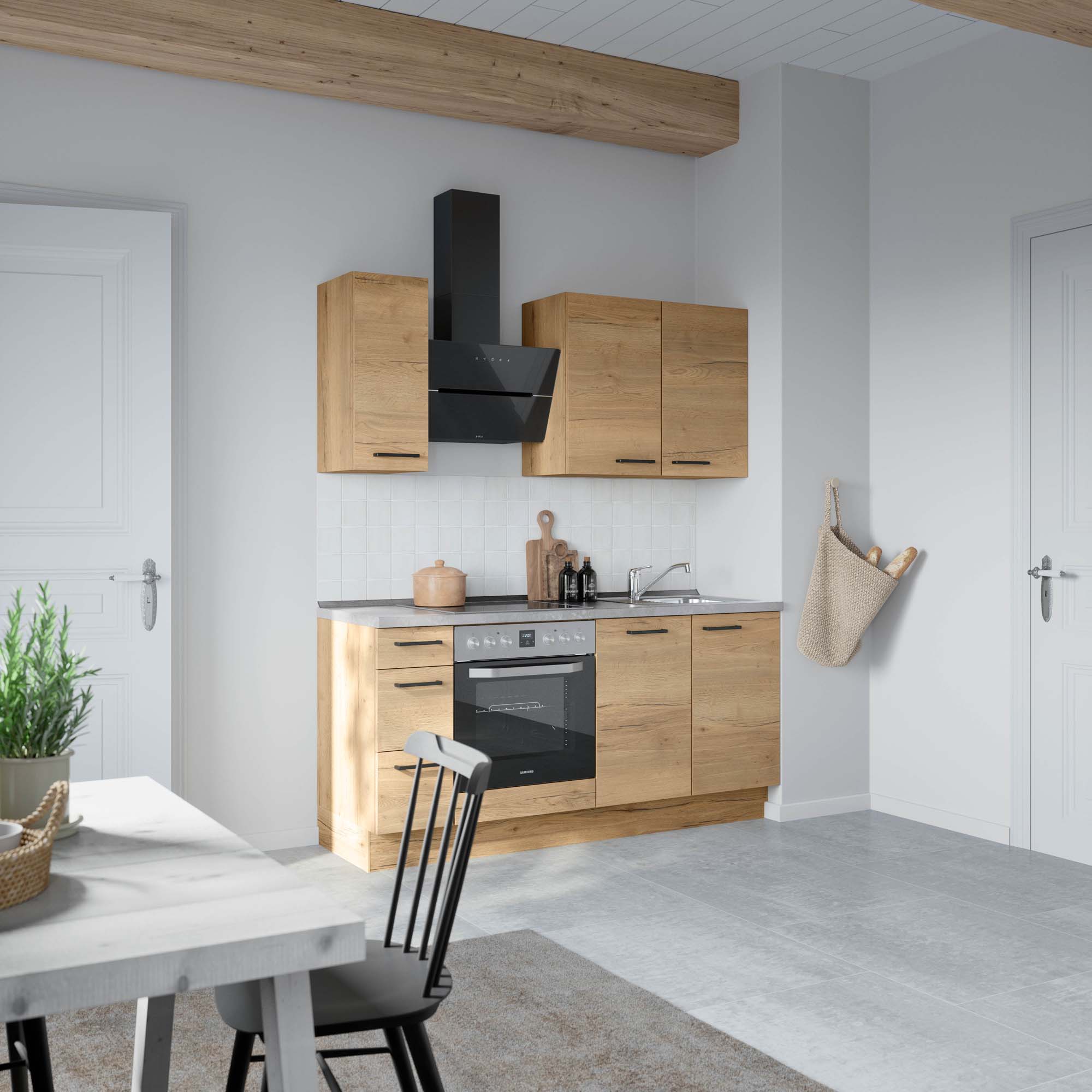 küchenzeile braun, grau mit Backofen, Herd, Dunstabzugshaube, Waschbecken, Armatur nobilia structura