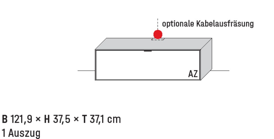 Illustration eines Lowboards und Beschriftung vor weißem Hintergrund