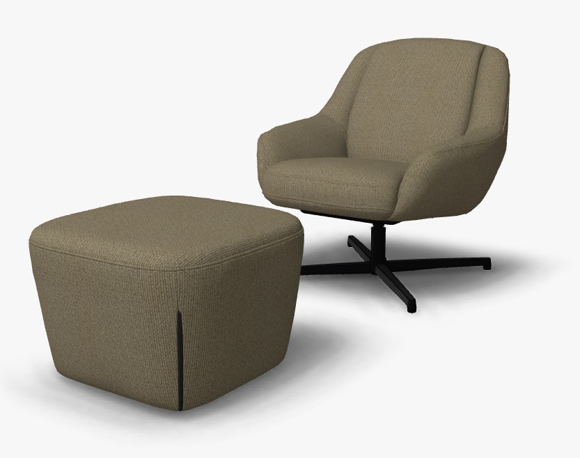 Sessel set mit einem hocker in braun und Sessel mit schwarzem kreuzfuß vor weißem Hintergrund