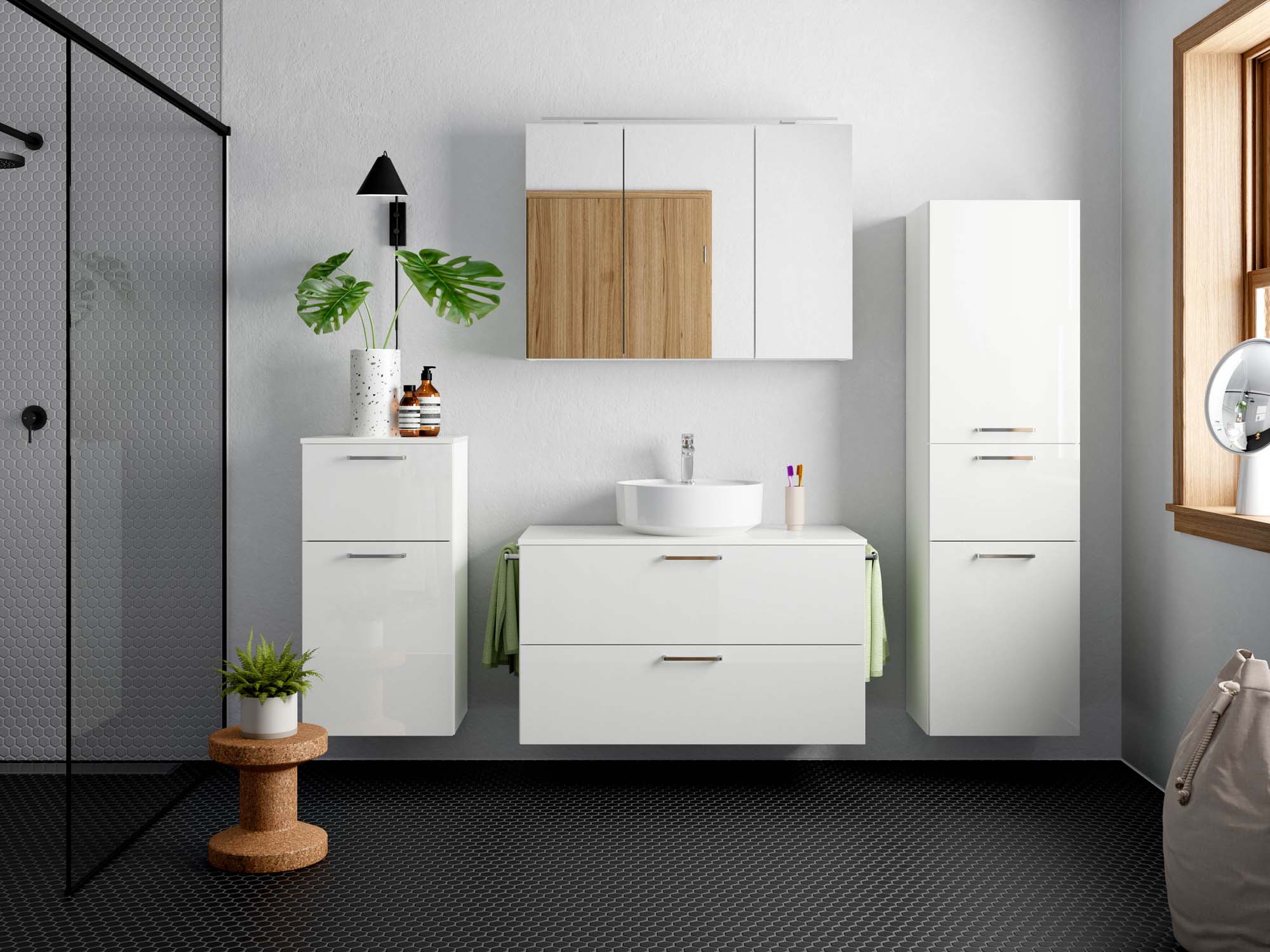 Badezimmermöbel-Set 3 Schränke weiß mit Waschtisch und Spiegelschrank nobilia 