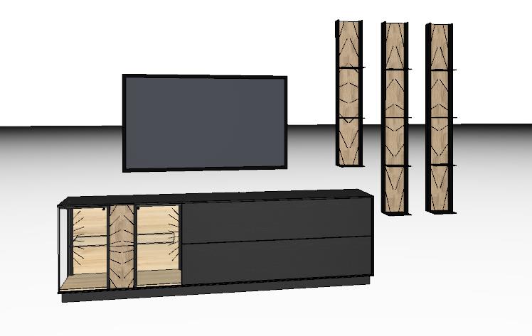 Abbildung eines modernen Wohnzimmer-Sets mit einem schwarzen TV-Schrank und drei hölzernen Regalen an der Wand