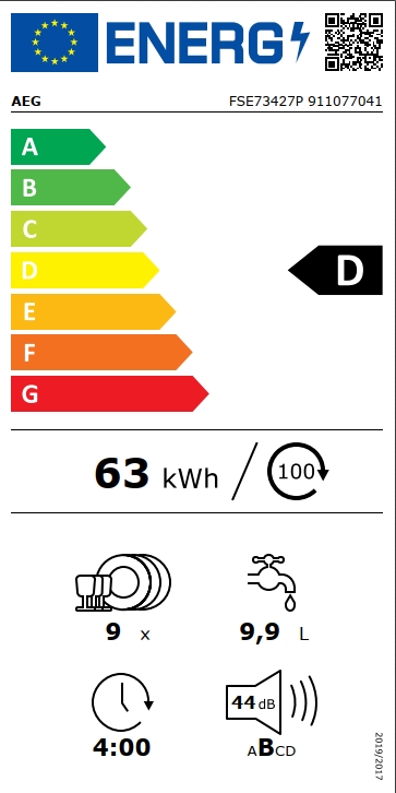 Energieeffizienzklasse D für Geschirrspüler mit 63 kWh Energieverbrauch, 9,9 Liter Wasserverbrauch und 44 dB Lautstärke.