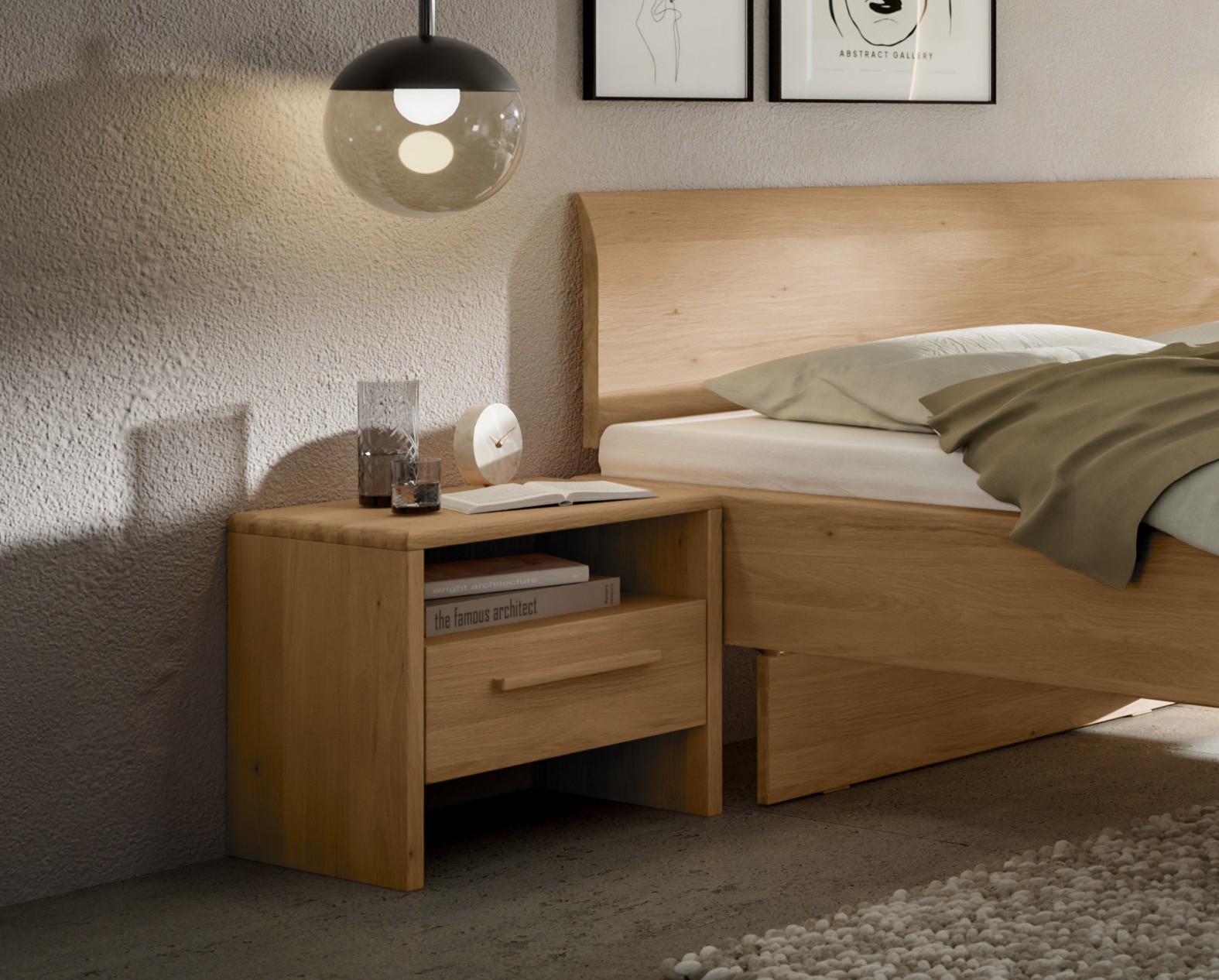 Moderne Schlafzimmereinrichtung mit Nachttisch aus Holz neben einem Doppelbett (KI-generiert)