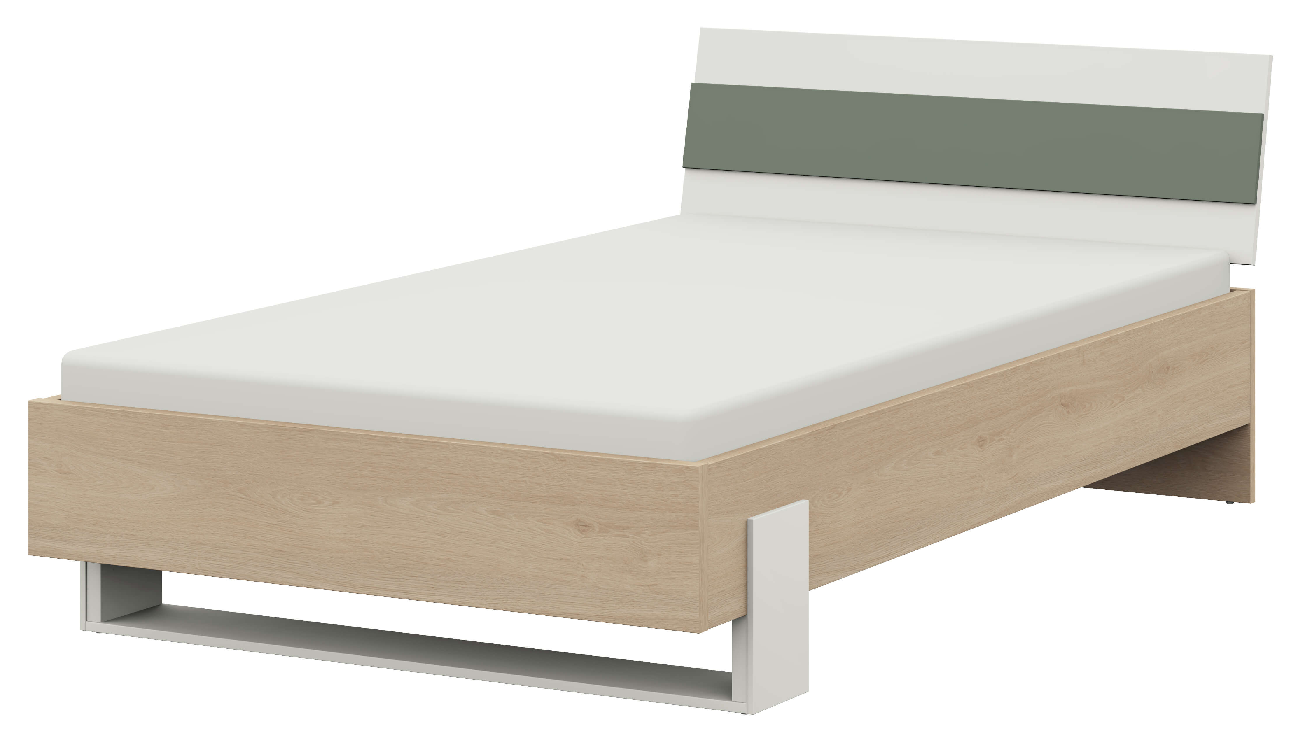 Röhr Bush. clip - Bettgestell | 120 x 200 cm | Eiche Sand | Kopfteil weiß - Salbeigrün Minimalistisches Einzelbett aus Holz mit hellem Holzrahmen und modernem Kopfteil