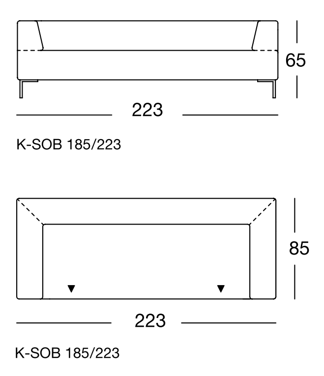 Maßzeichnung eines Sofaelements vor weißem Hintergrund freistil Rolf Benz 185