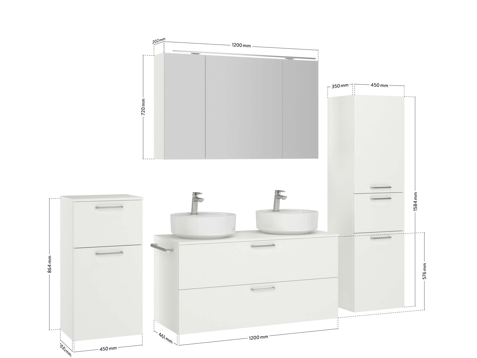 Badezimmermöbel-Set 3 Schränke weiß mit Waschtisch und Spiegelschrank Maßzeichnung nobilia