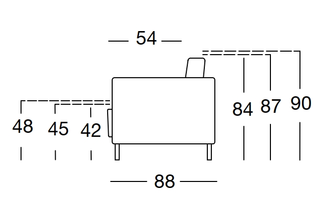 Maßzeichnung eines Sofaelements vor weißem Hintergrund freistil Rolf Benz 133