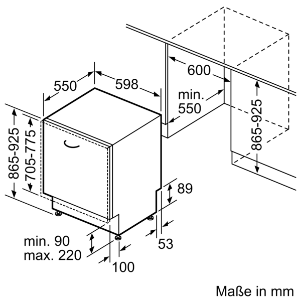 Technische Zeichnung mit den Einbaumaßen des vollintegrierten Geschirrspülers in Millimetern. Wichtige Maße sind: Breite 598 mm, Einbauhöhe 865-925 mm (extragroßes Modell) und Einbautiefe min. 550 mm.