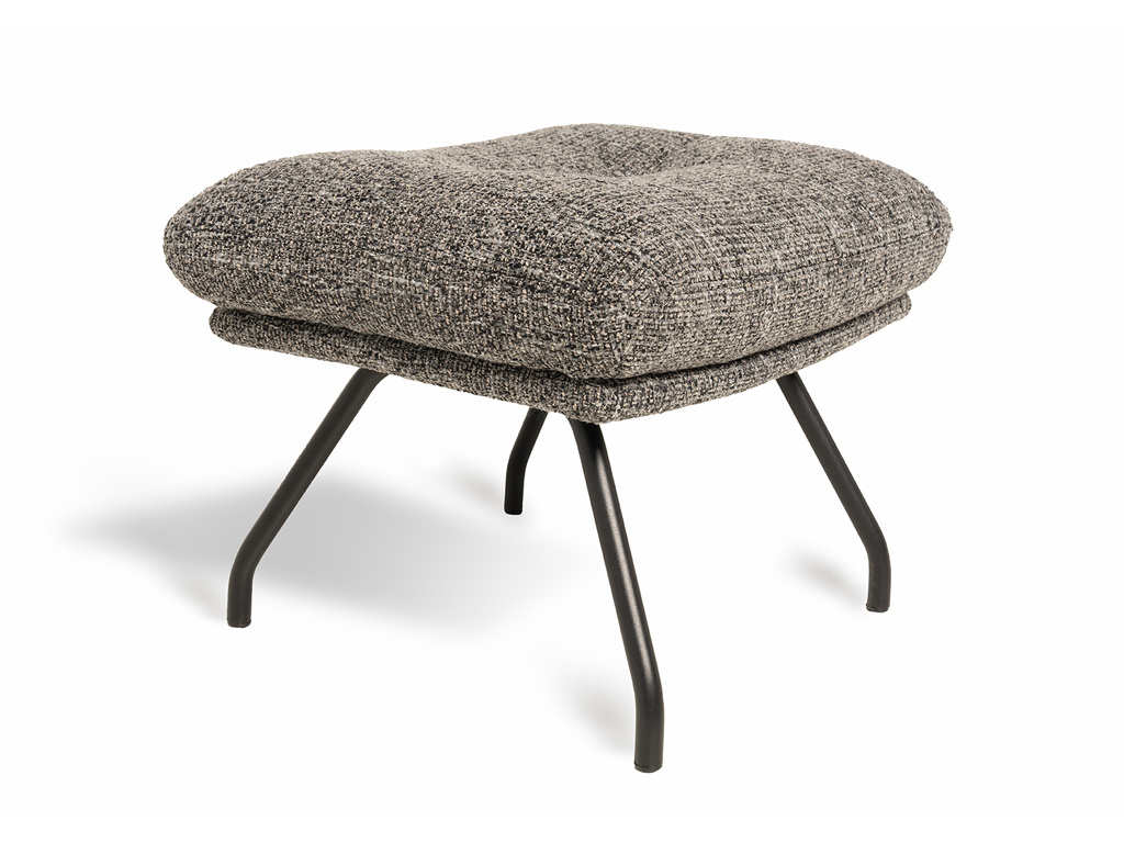 Grauer Hocker aus Stoff mit komfortabler Polsterung und robusten schwarzen Metallbeinen