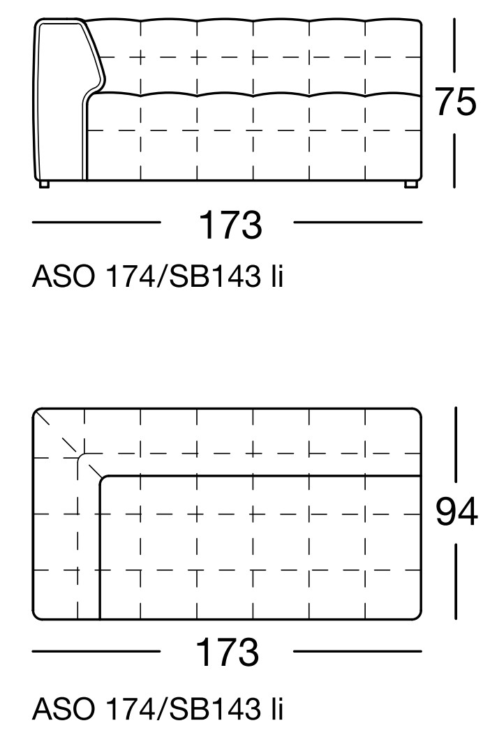 Maßzeichnung eines Sofaelements vor weißem Hintergrund