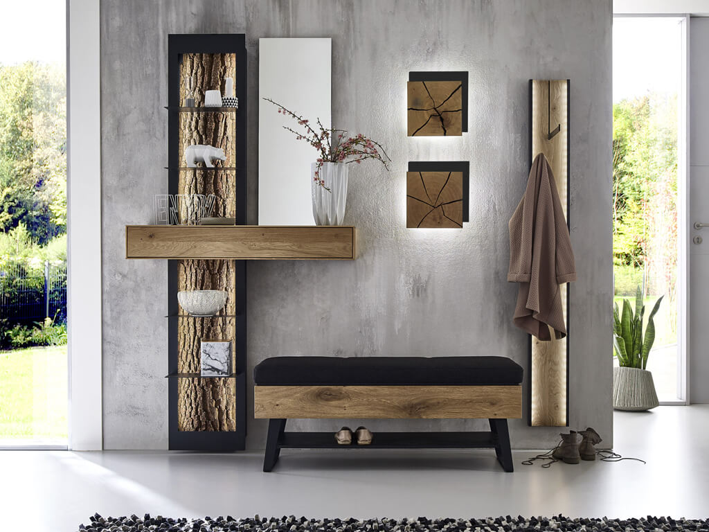 hartmann Runa - Garderobe | Kombi Nr. 100 | B: 214 cm Massivholz Garderobe mit Polsterbank und Baumrinden-Akzent