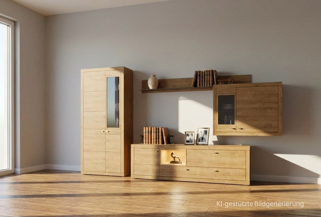 moderne braune Wohnwand stilvoll dekoriert in einem hellen Raum, Bild KI generiert