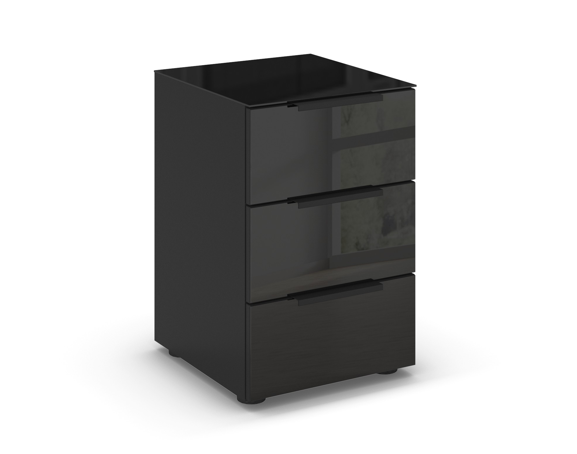 schwarzer Nachttisch mit drei Schubladen vor weißem Hintergrund