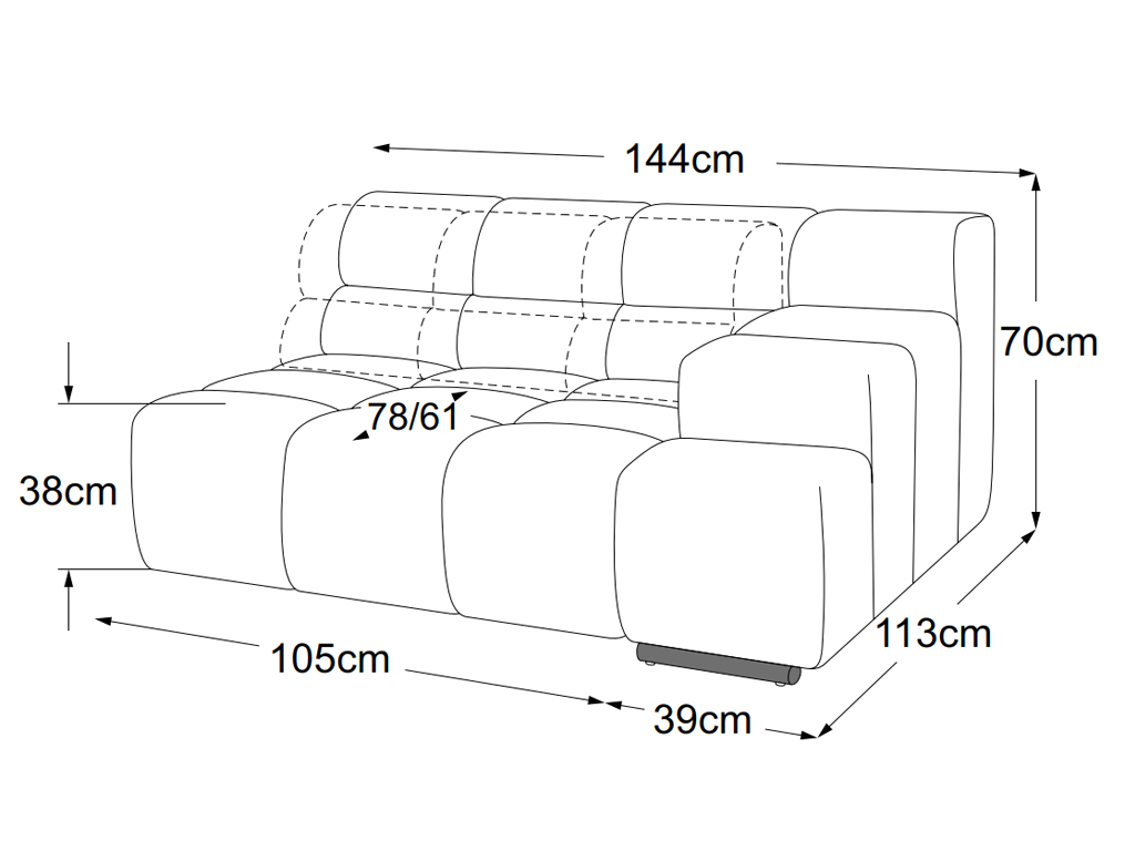 designwerk Temple - Element 105 Armteil rechts | B: 144 cm | mit Rückenverstellung | D021105 Maßzeichnung eines Sofaelements vor weißem Hintergrund designwerk Temple