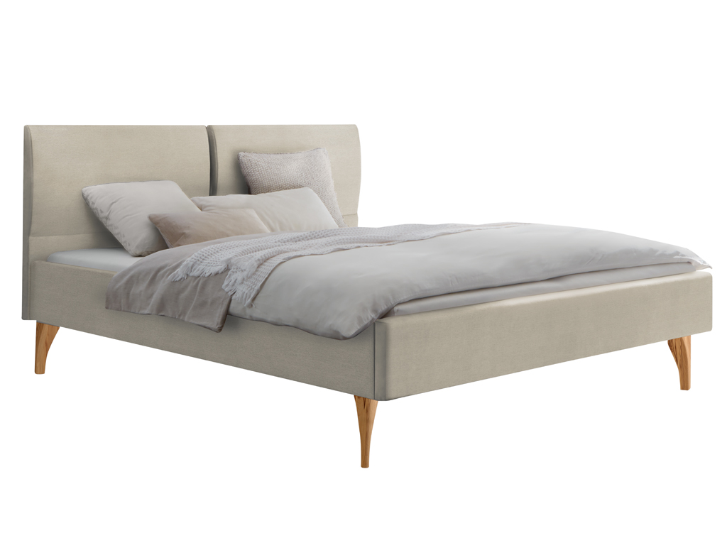 Ein beiges, gepolstertes Bett mit einem geteilten Kopfteil und hellen Holzfüßen, das mit weichem Bettzeug und Kissen ausgestattet ist.