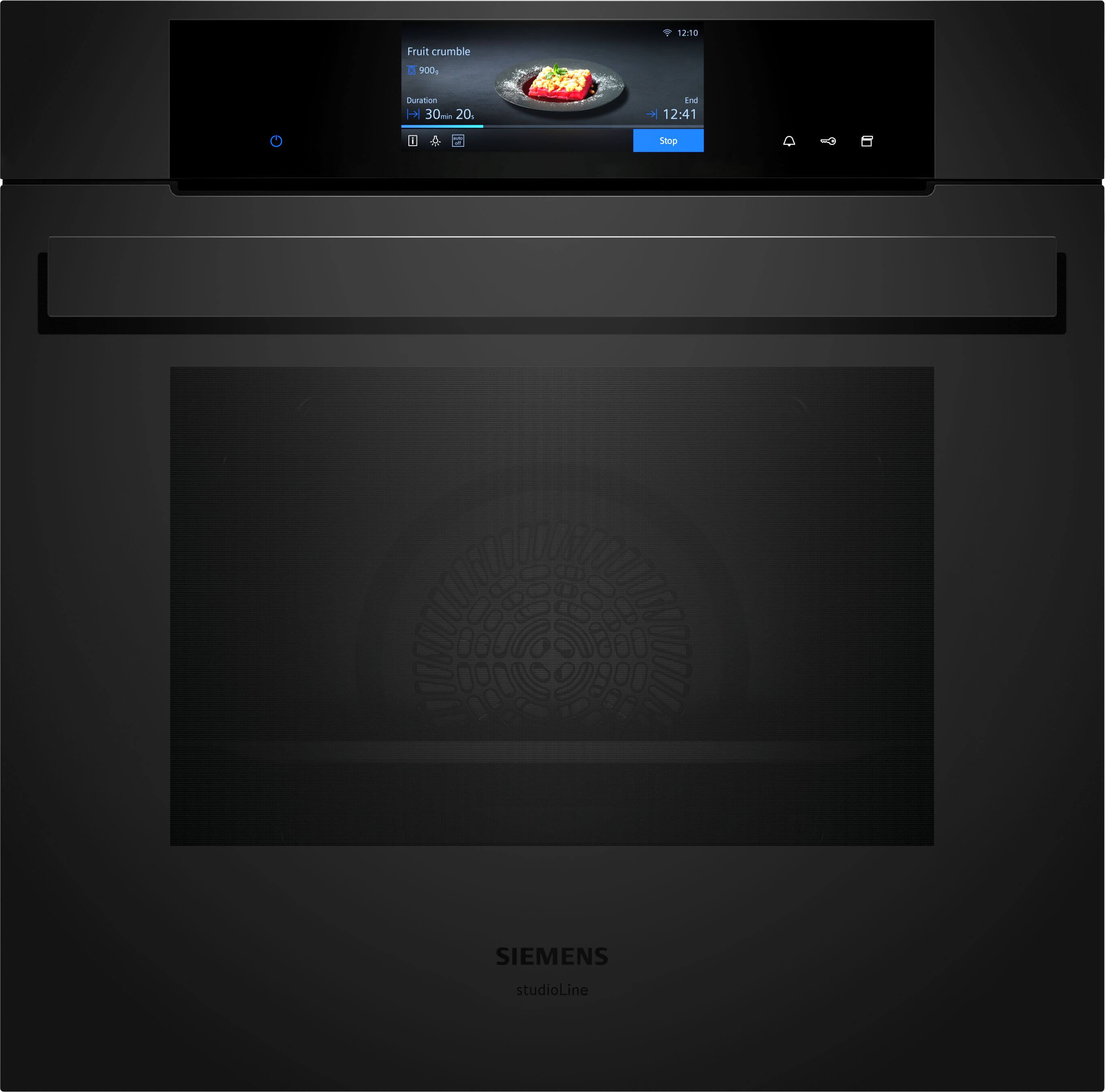 Frontalansicht eines eleganten, schwarzen Siemens studioLine Einbaubackofens mit aktivem Farbdisplay.