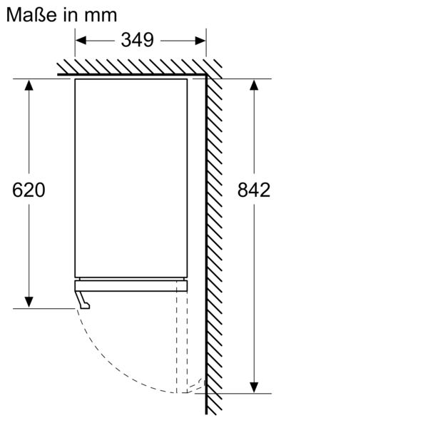 Technische Zeichnung eines Wandmontageschranks mit den Maßen 349 mm Breite, 620 mm Höhe und 842 mm Gesamthöhe in Millimetern