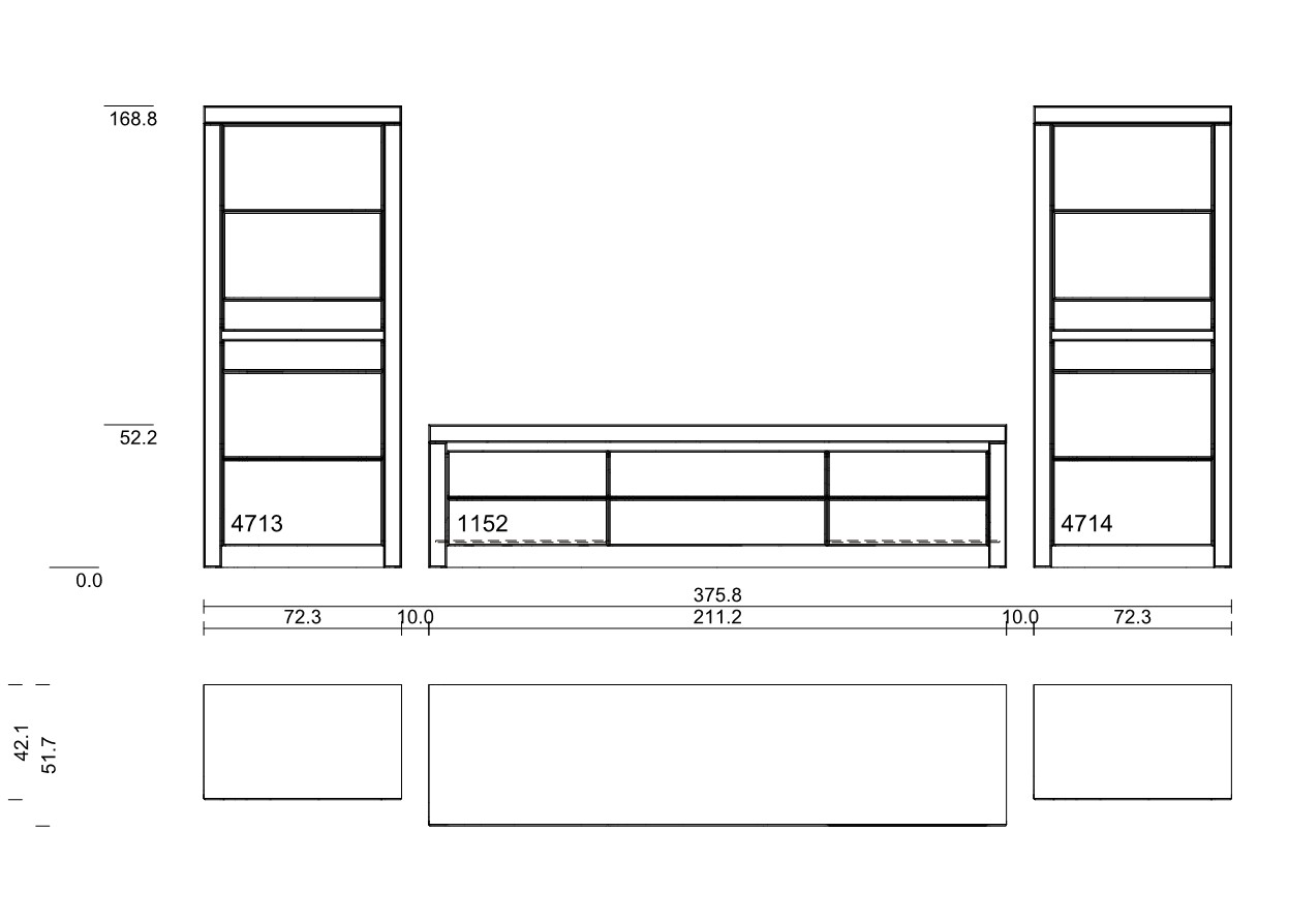 Illustration einer Wohnwand mit zwei hohen Schränken und einem Lowboard mit Maßangaben vor weißem Hintergrund