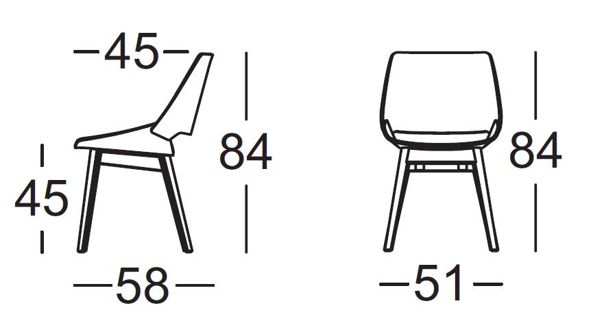 Technische Zeichnung eines modernen Stuhls mit Maßen: 45 cm Sitzhöhe, 58 cm Sitzlänge, 51 cm Sitzbreite, 84 cm Gesamthöhe.