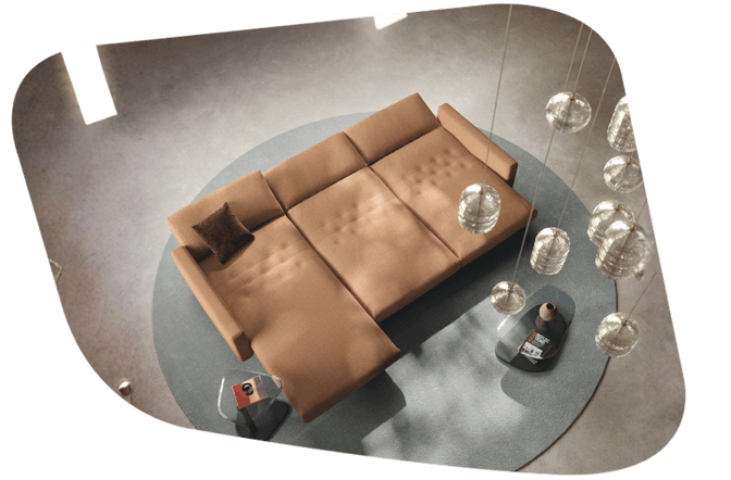 orange braunes Sofa von oben fotografiert. 