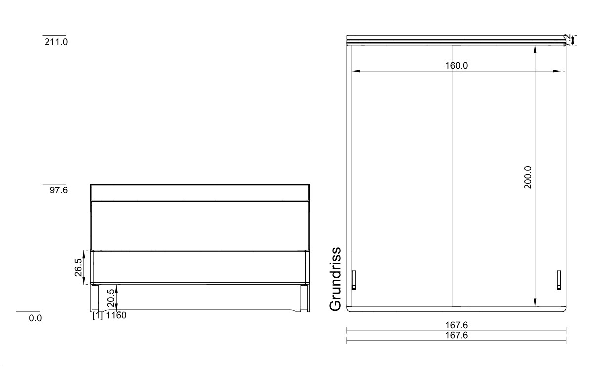 Type 1160 | Liegefläche: 160,0 × 200,0 cm  | Stellfläche: 167,6 × 211,0 cm