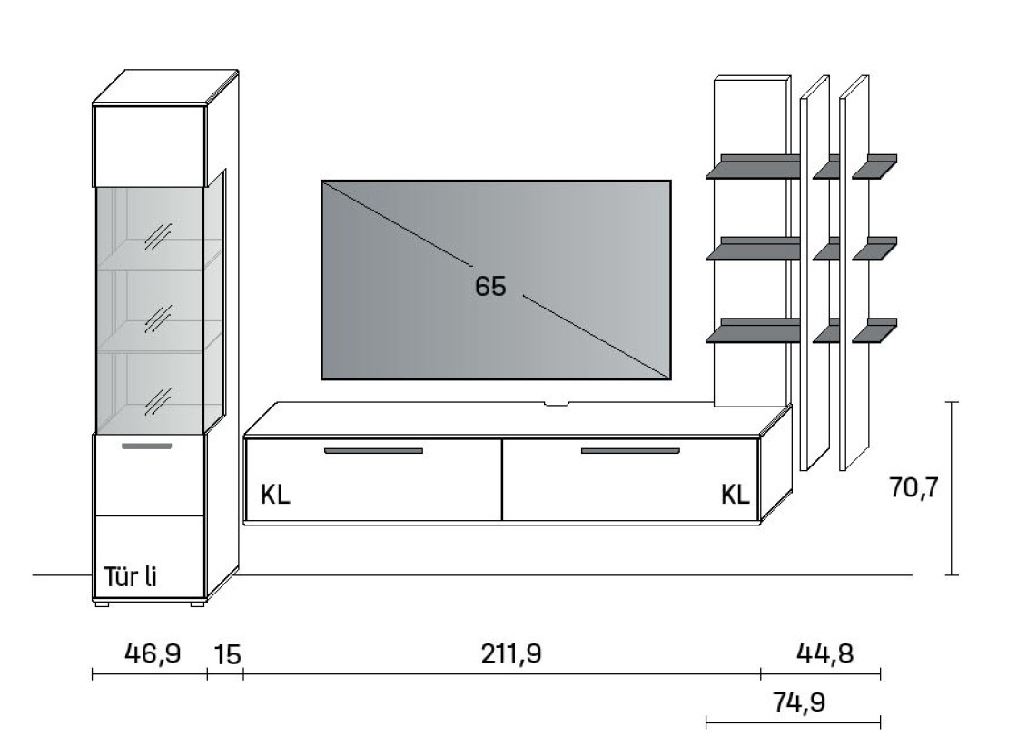 aßzeichnung einer Wohnwandkombination vor weißem Hintergrund