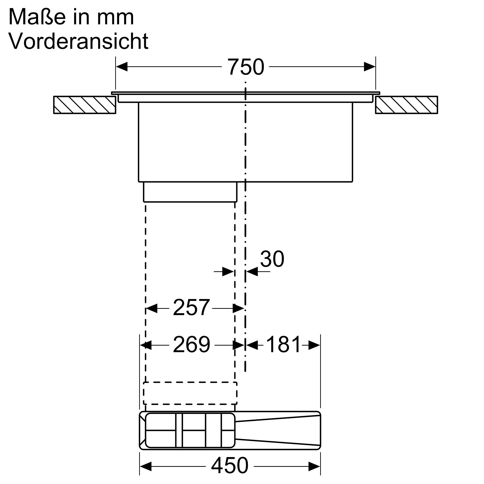 Technische Zeichnung eines Bauteils mit Vorderansicht und Maßangaben in Millimetern. Breite 750 mm, Tiefe 450 mm, weitere markierte Bereiche mit Abmessungen 257 mm, 269 mm, 181 mm und 30 mm.