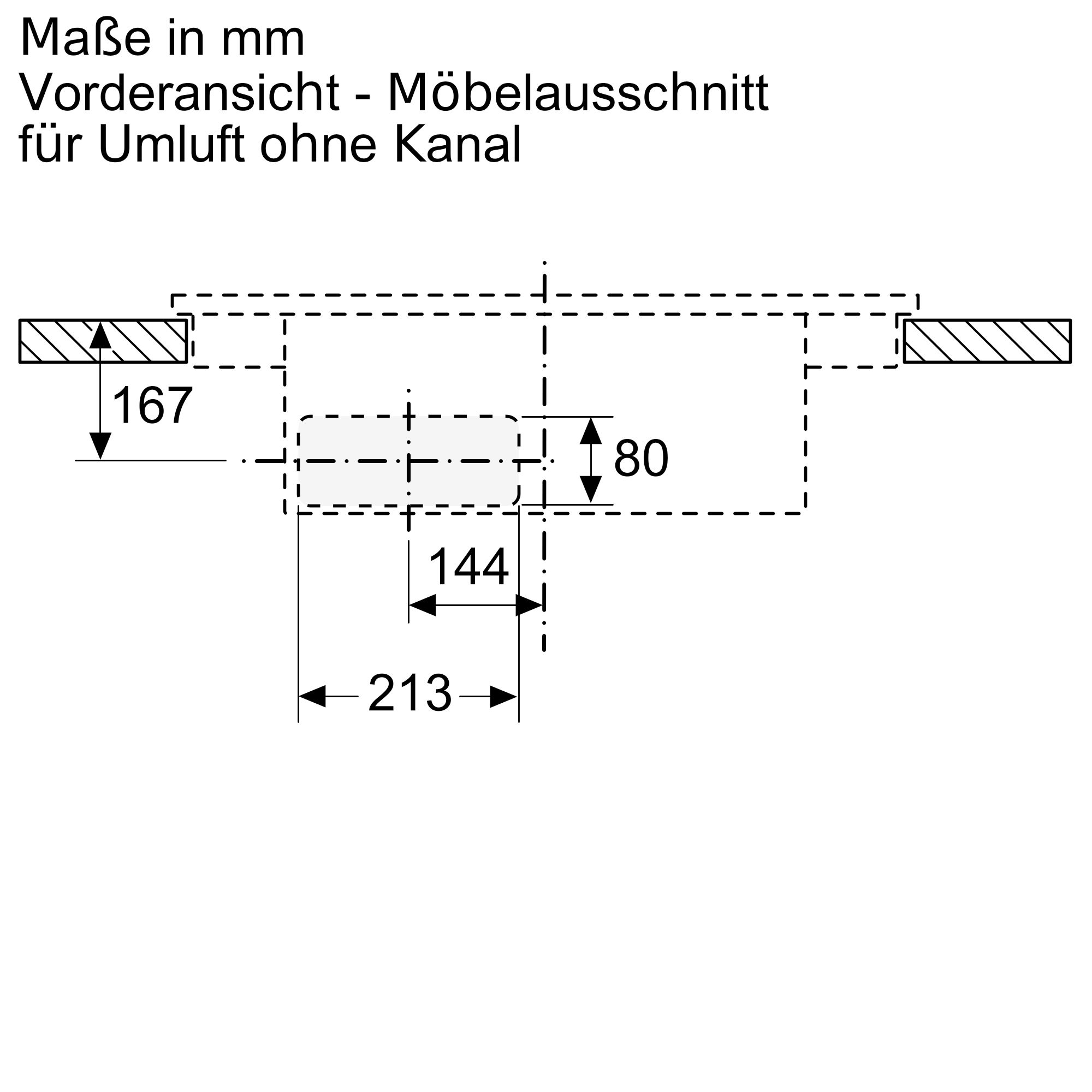 Diagramm zeigt die Maße in Millimetern für den Möbel-Ausschnitt zur Installation einer Umluft ohne Kanal.