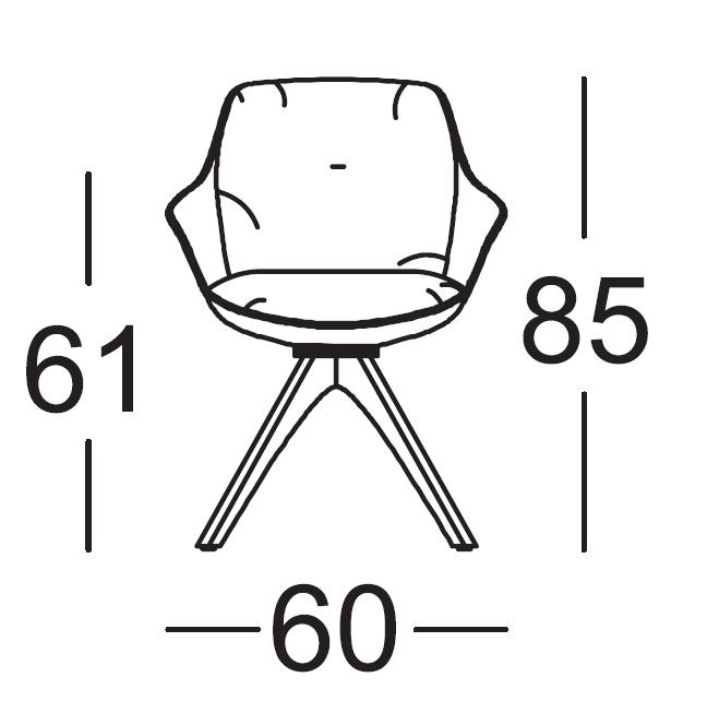 Linienzeichnung eines modernen Designerstuhls mit den Maßen Breite 60 cm, Tiefe 61 cm, Höhe 85 cm